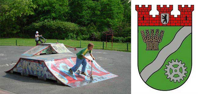 Fotocollage spielende Jugendliche und Logos des Bezirkes Berlin-Marzahn